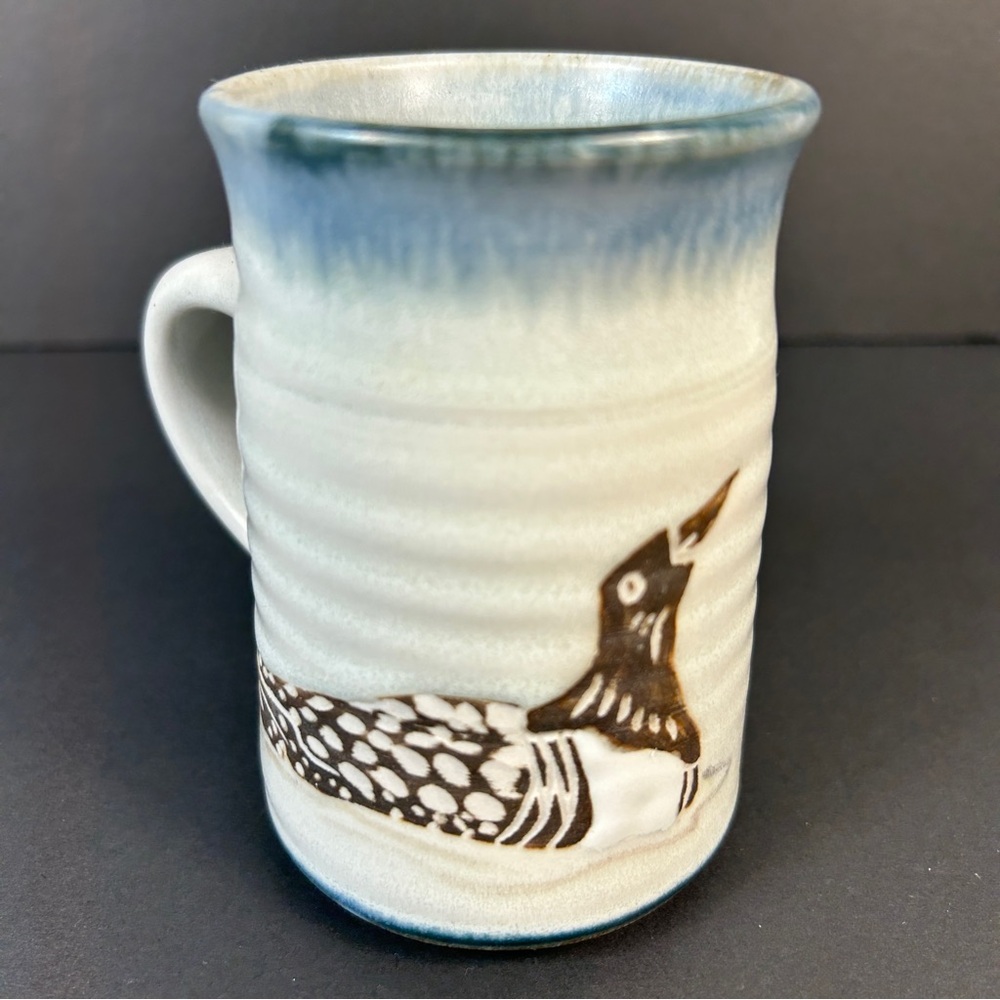 Artisan Ceramic Mug with Loon Motif - Blue and Cream (signed)